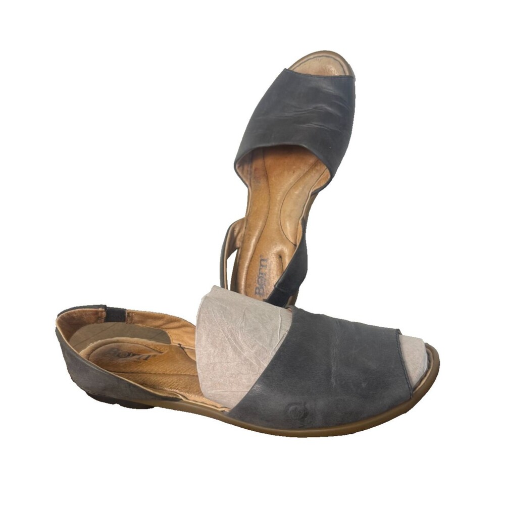 Born Womens 8 Gray Leather Slingback Sandals Cushioned Comfort Flats